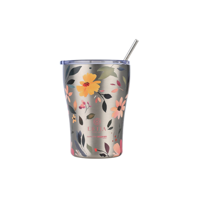 ESTIA HOME ART ΘΕΡΜΟΣ COFFEE MUG SAVE THE AEGEAN 350ml SILVER BOTANIC