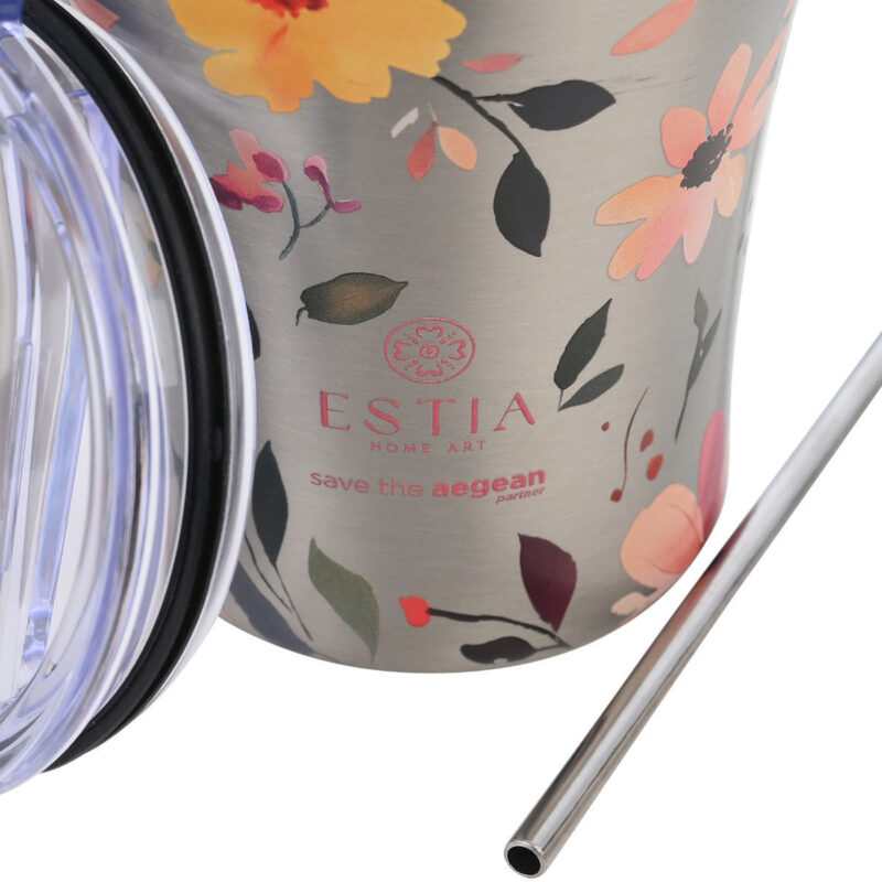 ESTIA HOME ART ΘΕΡΜΟΣ COFFEE MUG SAVE THE AEGEAN 350ml SILVER BOTANIC - Image 2